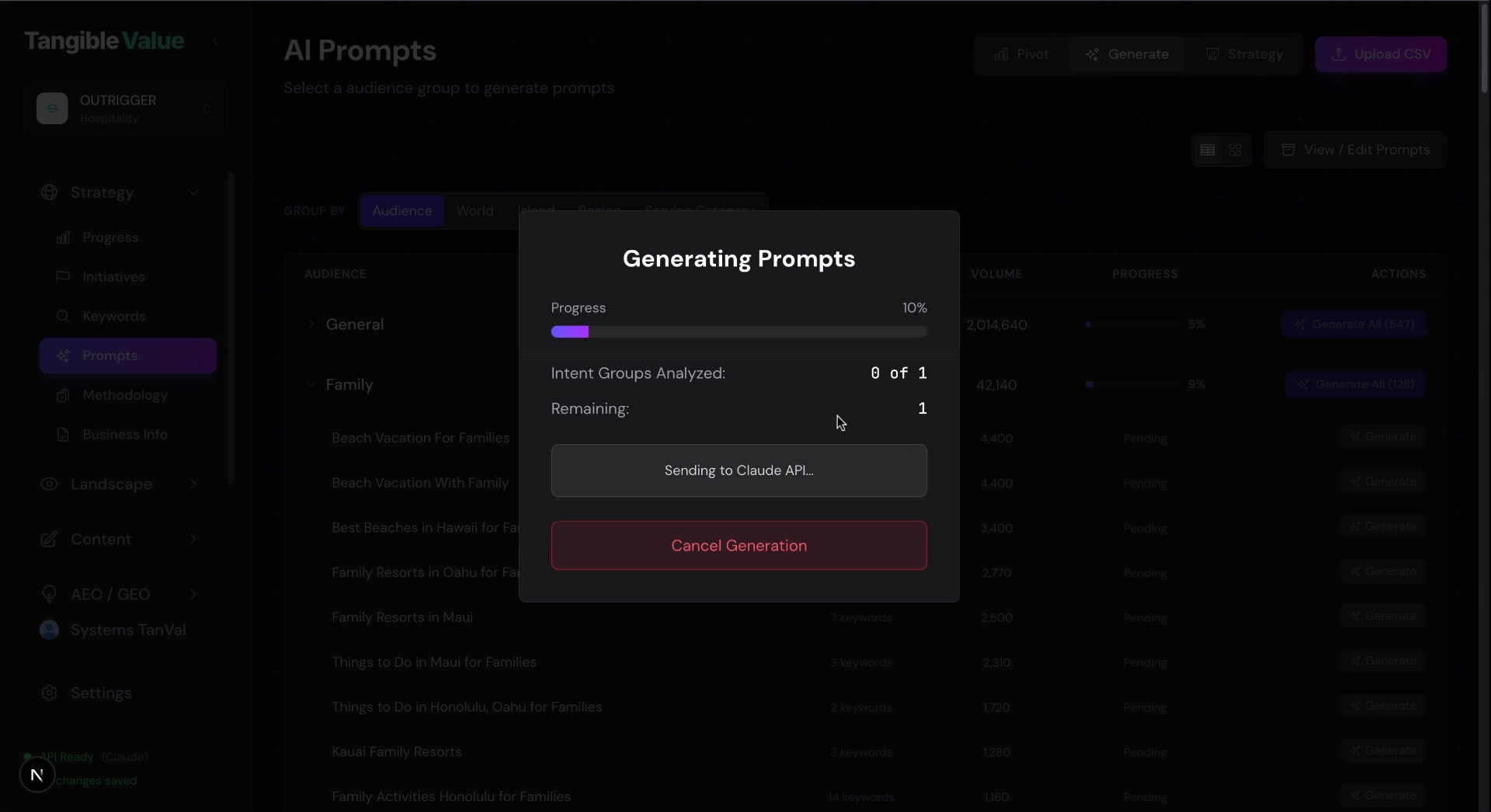 Prompt Generation interface showing AI-generated prompts organized by intent group